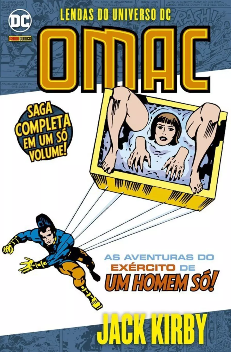 Capa da revista do OMAC publicado no Brasil pela Panini, em que o herói está arremessado uma caixa com uma androide desmontada dentro.